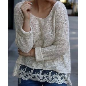 LA Hearts Lace Hem Slub Pullover Sweater